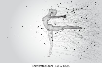 vector 3d girl from dots and splines, among wavy threads and circles