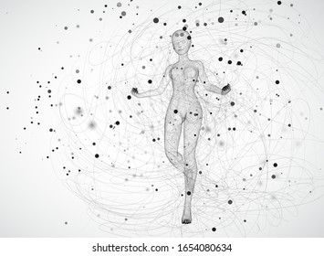vector 3d girl from dots and splines, among wavy threads and circles