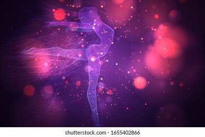 vectorial 3d de puntos y estrías, entre hilos ondulados y círculos sobre fondo morado y rosa de neón