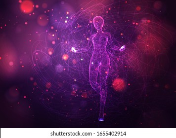 vector 3d girl from dots and splines, among wavy threads and circles on neon purple and pink background