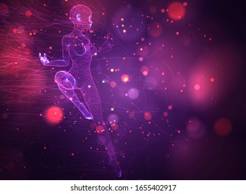 vector 3d girl from dots and splines, among wavy threads and circles on neon purple and pink background