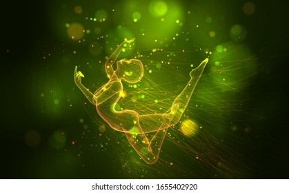 vector 3d girl from dots and splines, among wavy threads and circles on yellow green background