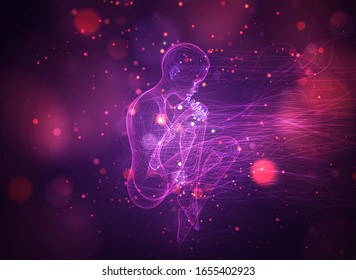 vector 3d girl from dots and splines, among wavy threads and circles on neon purple and pink background