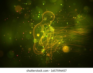 vector 3d girl from dots and splines, among wavy threads and circles on yellow green background