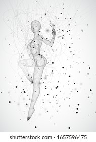 vector 3d girl from dots and splines, among wavy threads and circles