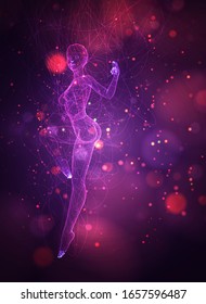 vector 3d girl from dots and splines, among wavy threads and circles on neon purple and pink background