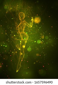 vector 3d girl from dots and splines, among wavy threads and circles on yellow green background