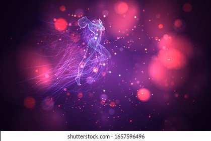 vector 3d girl from dots and splines, among wavy threads and circles on neon purple and pink background