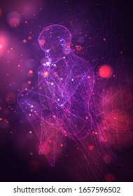 vector 3d girl from dots and splines, among wavy threads and circles on neon purple and pink background