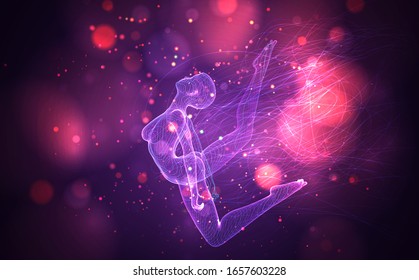 vector 3d girl from dots and splines, among wavy threads and circles on neon purple and pink background