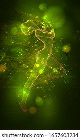 vector 3d girl from dots and splines, among wavy threads and circles on yellow green background