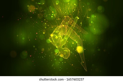 vector 3d girl from dots and splines, among wavy threads and circles on yellow green background