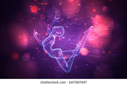 vector 3d girl from dots and splines, among wavy threads and circles on neon purple and pink background