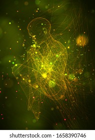 vector 3d girl from dots and splines, among wavy threads and circles on yellow green background