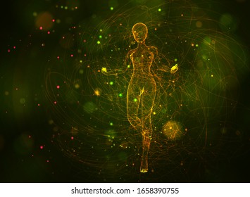 vector 3d girl from dots and splines, among wavy threads and circles on yellow green background