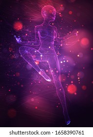 vector 3d girl from dots and splines, among wavy threads and circles on neon purple and pink background
