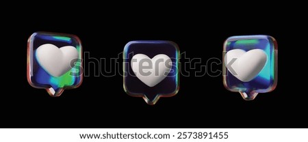 Vector 3D Glass Holographic Bubbles Set with White Heart from Different Sides. Holographic Effect. Conversational Dialogue Box. Emoji. Appreciation and Love Sign. Isolated Background.