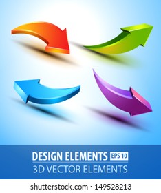 Vector 3d glossy arrows. 3d vector elements on blue background. Arrow design elements icons.