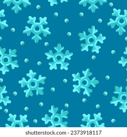 Vector 3d glossy blue snowflake seamless pattern on blue background. Cute Christmas, New year and winter shiny frozen snow background. 3d render snowflakes print for web, decoration, greeting card.