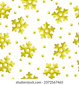 Vector 3d brillante copo de nieve dorado patrón sin fisuras sobre fondo blanco. Curiosa Navidad, Año Nuevo e invierno brillante fondo de nieve congelada. 3d impresión de copos de nieve para web, decoración, tarjeta de saludo.