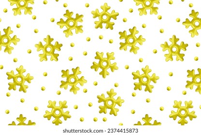 Vector 3d brillante dorado patrón de copo de nieve fondo blanco. Curiosa Navidad, Año Nuevo e invierno brillante fondo de nieve congelada. 3 d impresión de copos de nieve para web, fondo de pantalla, tarjeta de saludo