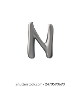 Vector 3D glossy metallic letter N, made in chrome silver color. Liquid bubbles create a brilliant alphabet aesthetic isolated on a white background.