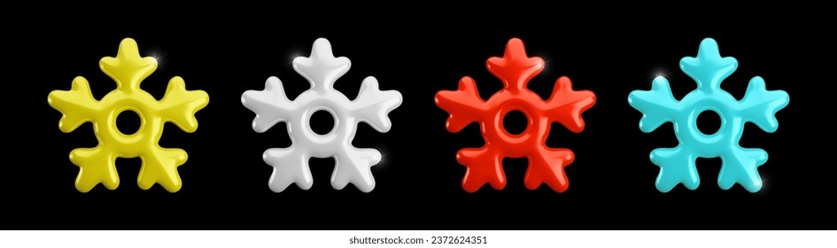 Icono de copos de nieve brillante vector 3d sobre fondo negro. Simpático símbolo de nieve brillante azul, blanco, dorado y rojo invierno. 3d representación de copo de nieve Ilustración para web, anuncio, decoración.