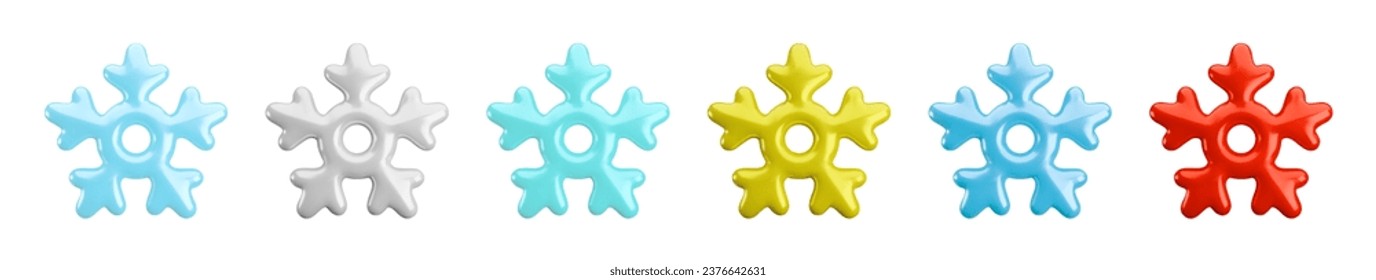 Icono de copos de nieve brillante vector 3d sobre fondo blanco. Simpático símbolo de nieve brillante azul, blanco, plateado, dorado y rojo invierno. 3d representa la colección Illustration de copos de nieve.
