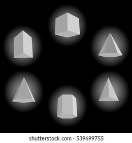 Vector 3d glowing figures on black background. Set of six basic elementary geometric shapes. Masonic banner design.