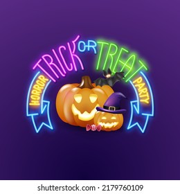 Vector 3d glowing Happy Halloween template, banner for advertising design, Greeting cards for the holiday. Realistic pumpkins with a hat, a bat