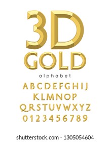 Vector 3d gold alphabet and font. Letters and numbers