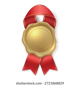 Sello de premio de oro 3d de Vector con el icono de la insignia de la roseta de la cinta roja. Plantilla de etiqueta en blanco aislada. Emblema del premio del ganador para los certificados, empaquetado, marca, etiqueta engomada de la garantía de calidad