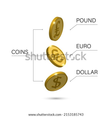 Vector 3d gold coins with bright highlights on a white isolated background. Dollar, euro and pound
