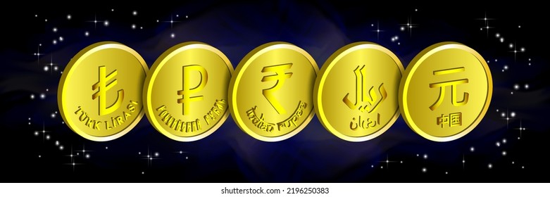 Vector 3d gold coins or tokens on background starry cosmos. The inscription is in Turkish-turkish lira, in Russian-russian ruble, in persian-Iranian riyal, in Chinese-chinese yuan. Indian rupee