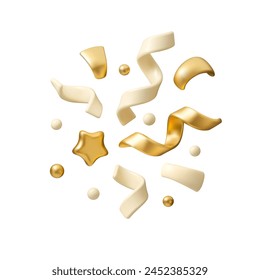 Vector 3d gold confetti background. White and golden cute cartoon falling serpentine. Birthday party or anniversary celebrate decoration isolated