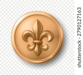Vector 3d Gold Fleur-de-Lis Emblem Icon Isolated. Round Fleur-de-Lis Badge with Royal Heraldic Lily Symbol. Decorative Seal, Coin, Button for Medieval, Luxury, Heraldic Design