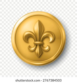 Vector 3d Gold Fleur-de-Lis Emblem Icon Isolated. Round Fleur-de-Lis Badge with Royal Heraldic Lily Symbol. Decorative Seal, Coin, Button for Medieval, Luxury, Heraldic Design