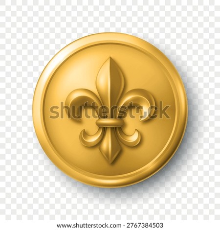 Vector 3d Gold Fleur-de-Lis Emblem Icon Isolated. Round Fleur-de-Lis Badge with Royal Heraldic Lily Symbol. Decorative Seal, Coin, Button for Medieval, Luxury, Heraldic Design
