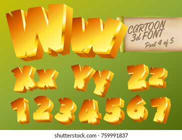 Vector 3D Gold Font in Cartoon Style. Comic Yellow Isometric Typeset for Children’s Playground, Mobile Game App, Poster, Banner. Funny and Cute English Alphabet Illustration. Colorful Type.