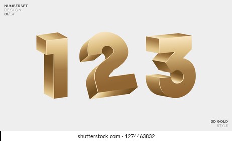 Vector 3D Gold Font Set. 3D Luxury Alphabet Letters, Numbers and Symbols.