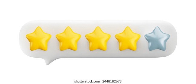 Vector 3d gold four stars out of five in white speech bubble. Realistic render of customer review, rating, feedback concept. 3d quality service symbol isolated on white background.