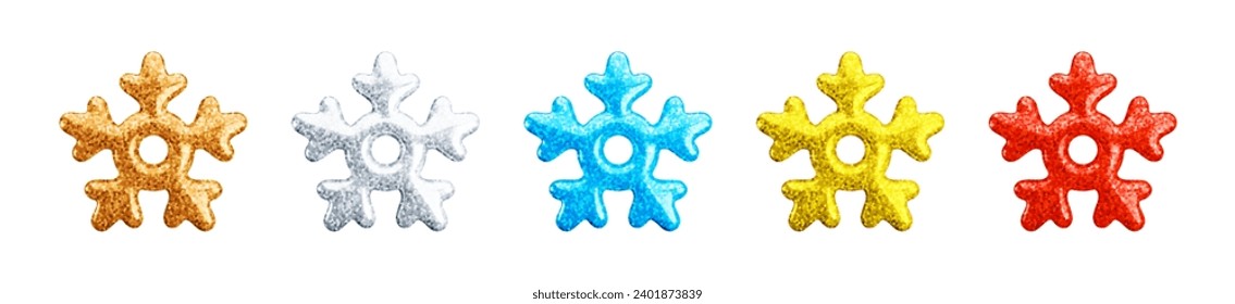 Vector 3d gold glitter snowflake icons set on white background. Cute realistic shiny gold, silver, blue, red and bronze winter snow symbols. 3d render sparkling Christmas snowflakes collection.