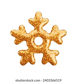 Vector 3d gold glitter snowflake icon on white background. Cute realistic Christmas, New year and winter shiny golden sparkling snow symbol. 3d render snowflake for print, decoration, greeting card.