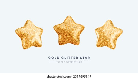 Juego de iconos de estrella texturizados con brillo de oro 3d vectorial. Proyecciones de estrellas de dibujos animados realistas, presentación 3d, estrella brillante brillante Ilustración para concepto de calificación de clientes, decoración de navidades, diseño de juegos, aplicación.