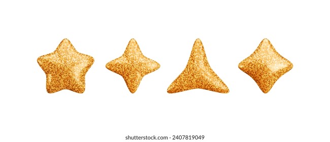 Vector 3d gold glitter textured stars icons set. Cute realistic cartoon 3d render five, four and triangular star on white background. Glossy different star shapes for decoration, game design, app, web