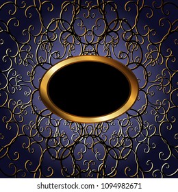 Vector 3D gold lace dark illustration of traditional weave in black openwork carving on purple blue background all items can be repainted, for fabric decoration, Wallpaper or background