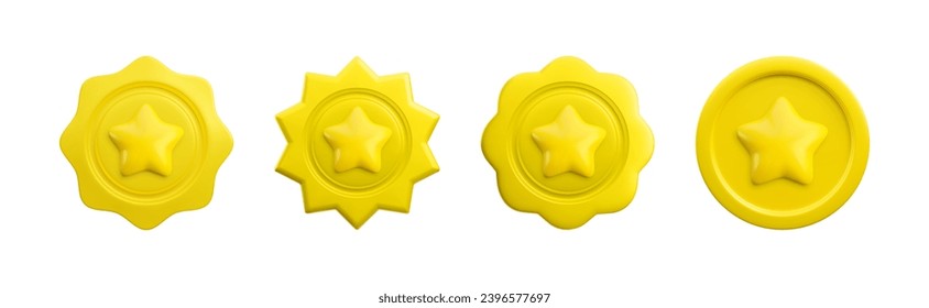 Medallas de oro vectorial 3d con estrellas. etiqueta de oro de moda para el ganador de starburst realista, señal de garantía de placa redonda, fondo de marca de calidad ondulada de plástico. 3d colección de tarjetas metálicas de certificación.