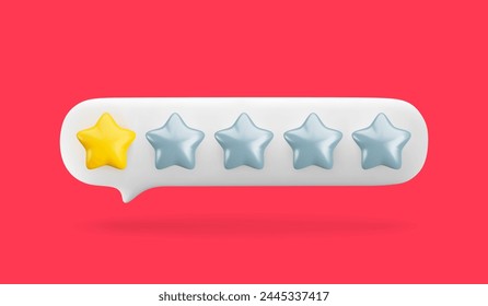 Vector 3d gold one star out of five in white speech bubble. Realistic render of customer review, low rating, negative feedback concept. 3d bad quality service symbol on red background with shadow.