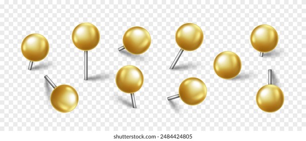 Vector 3D gold pin with shadow isolated on transparent background. Set of realistic plastic round thumbtack in different angles.