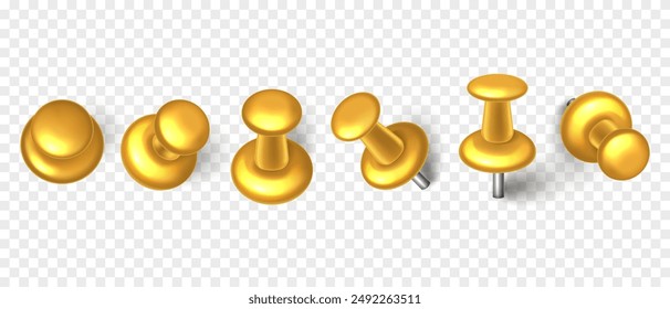 Vector 3D gold push pin with shadow isolated on transparent background. Set of realistic plastic thumbtack in different angles.